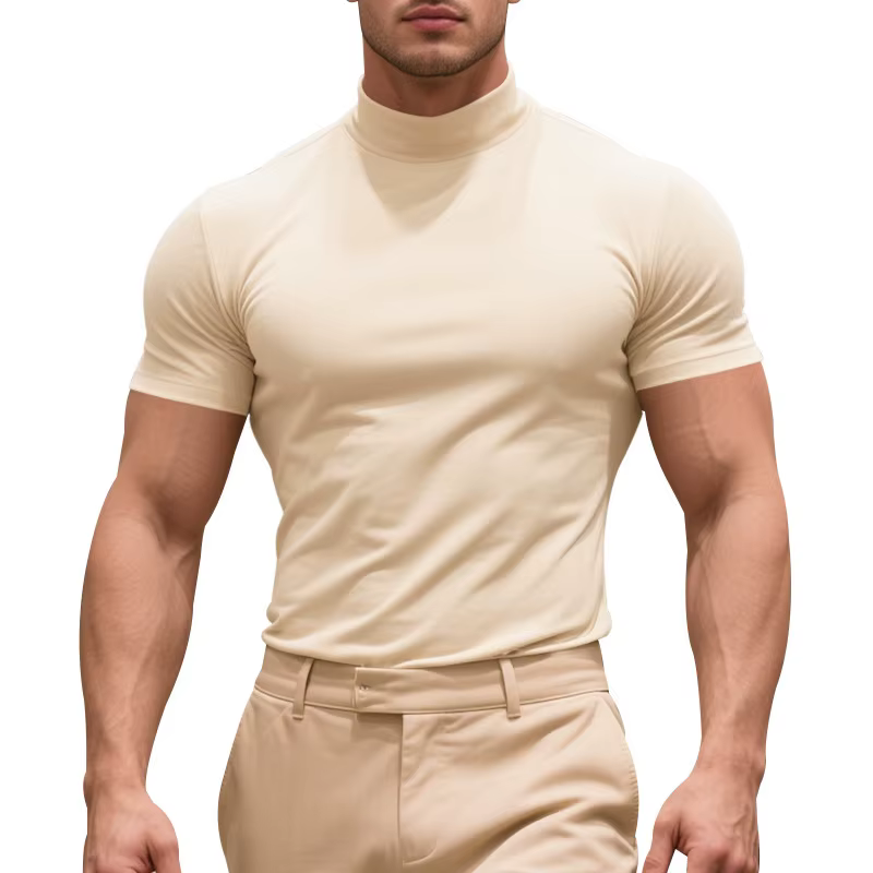 Nouveau T-shirt de course pour homme, col semi-montant, couleur unie, coupe ajustée, décontracté, st