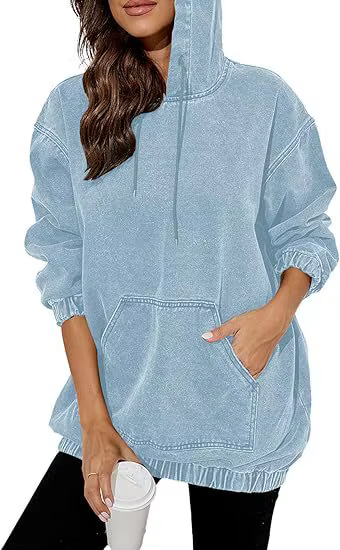 Sweat à capuche ample en denim vieilli, effet flocon de neige, style rétro délavé