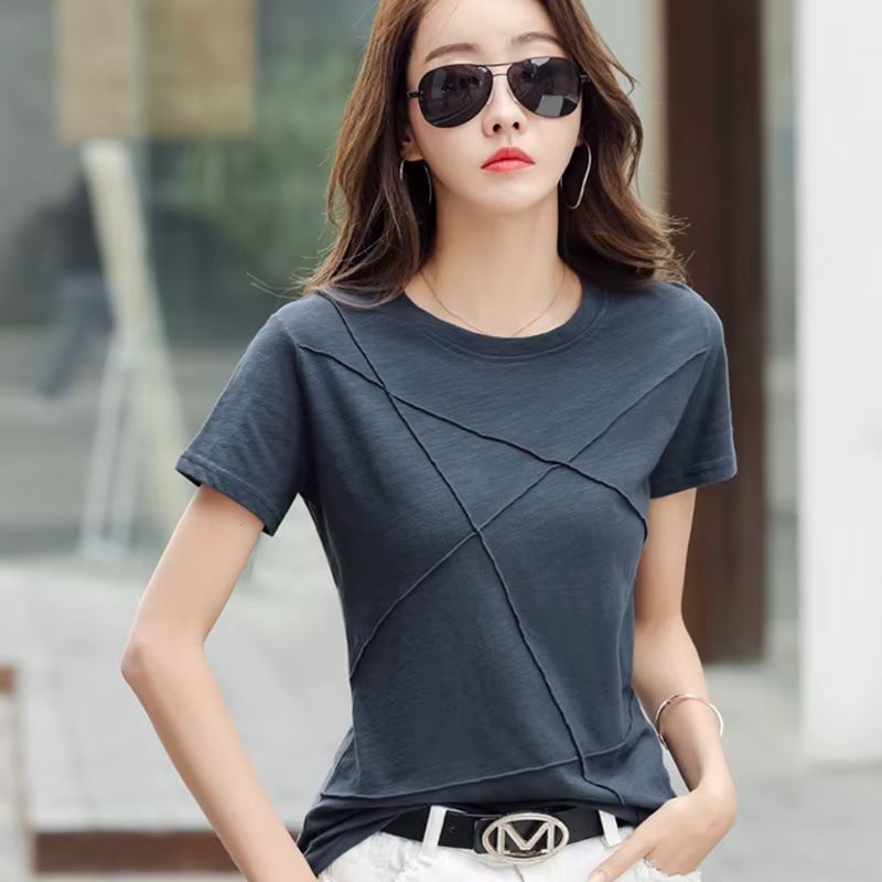 Mode printemps été mince bambou coton T-Shirts femmes col rond manches courtes coréen côtelé t-shirt