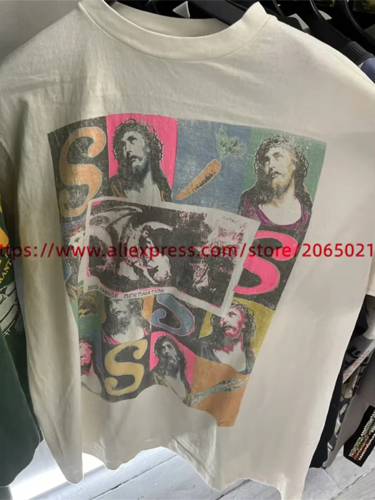 T-shirt imprimé graffiti Saint pour hommes et femmes, t-shirt rétro délavé, haute qualité