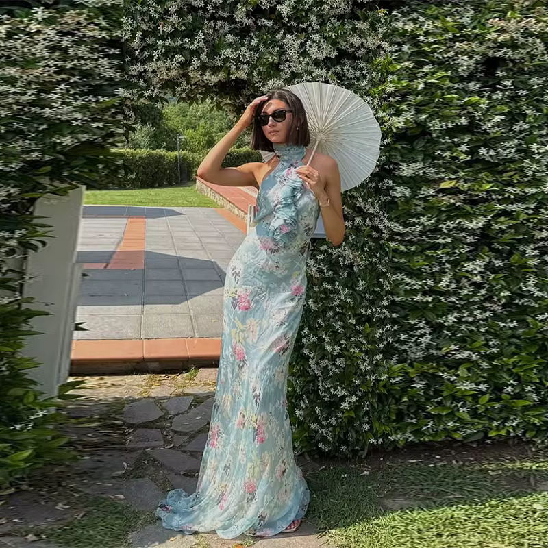Robe en Satin imprimée élégante, col licou, Streetwear d'été, mode décontractée, Slim, Sexy, épaules