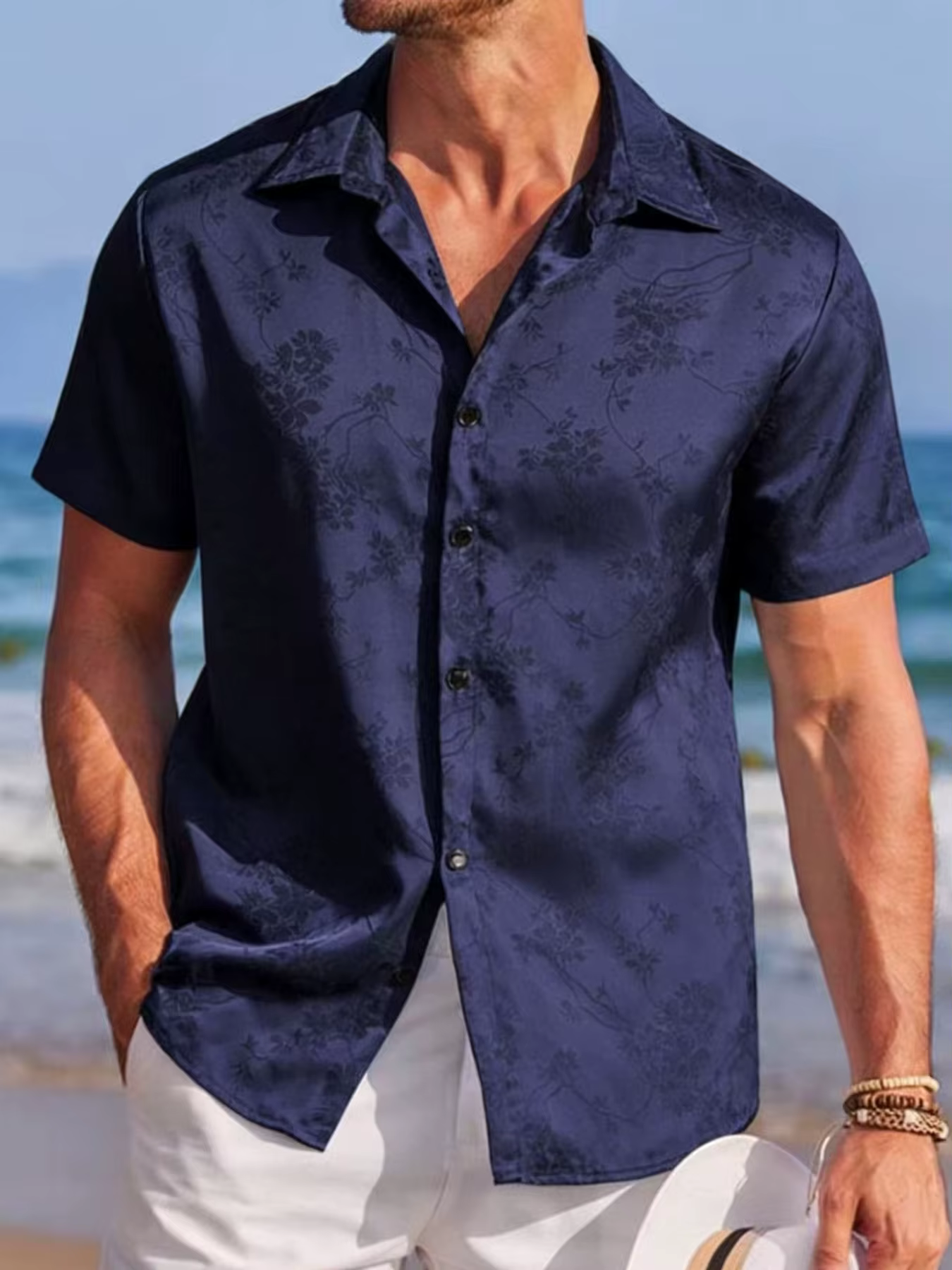 Chemise brodée pour homme, chemise à manches courtes, chemise décontractée d'été, chemise boutonnée 