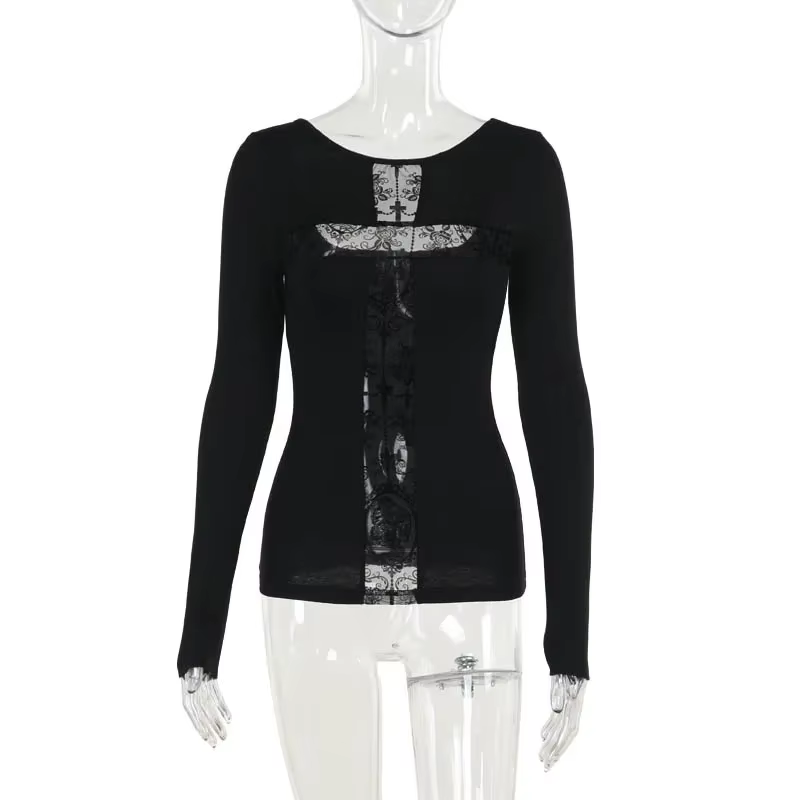 T-shirt gothique en maille évidée pour femme, demi-col roulé croisé, noir, slim, velours doux, manch