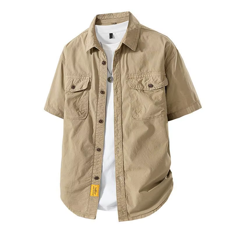 Chemise de travail pour hommes, ample et décontractée, manches courtes, manteau à revers rétro améri
