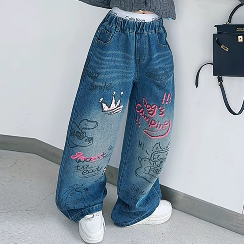 Jeans graffiti de dessin animé pour adolescentes, pantalons décontractés à jambes larges, vêtements 
