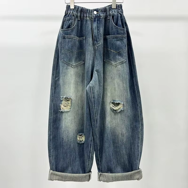 Pantalon large en jean déchiré d'été, mode féminine, personnalité, élastique, taille haute, polyvale