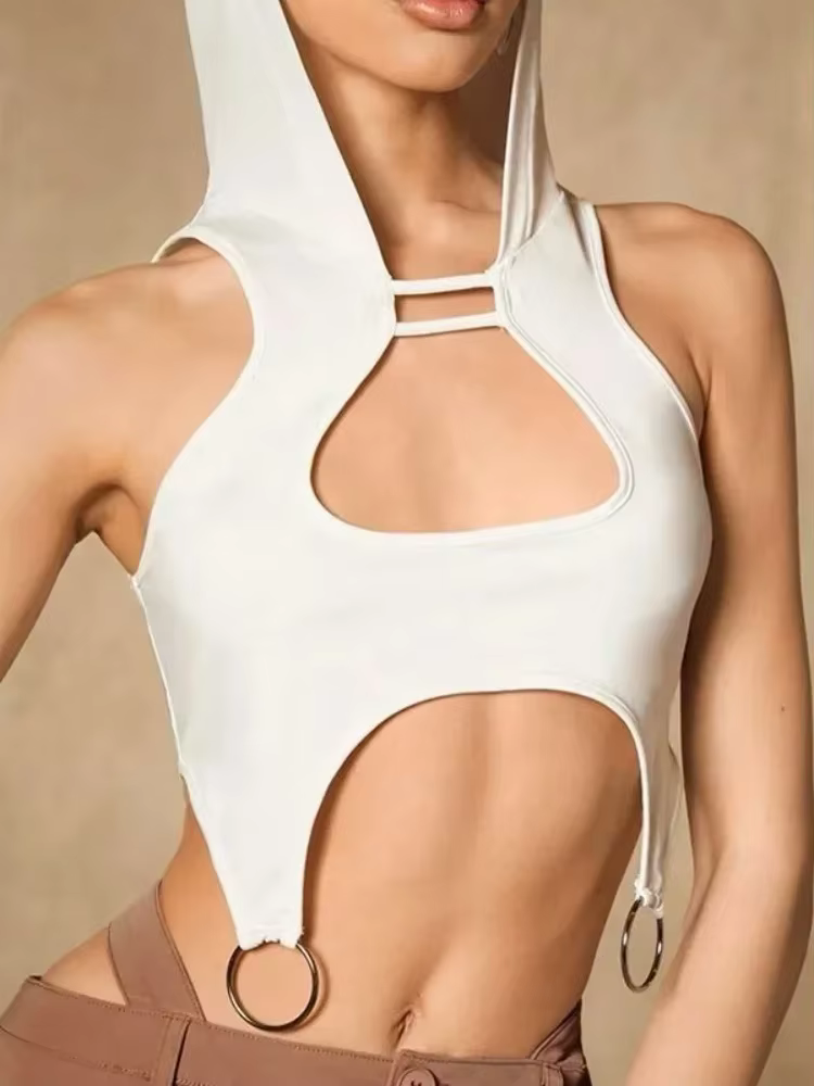 Crop top à capuche blanc uni pour femme, style Y2K, débardeur sans manches ajouré avec anneau décora