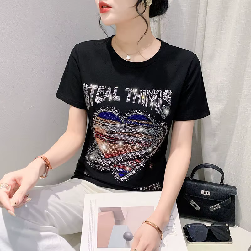T-shirt à manches courtes en pur coton pour femmes, joli diamant de repassage, haut ample, Slim et à