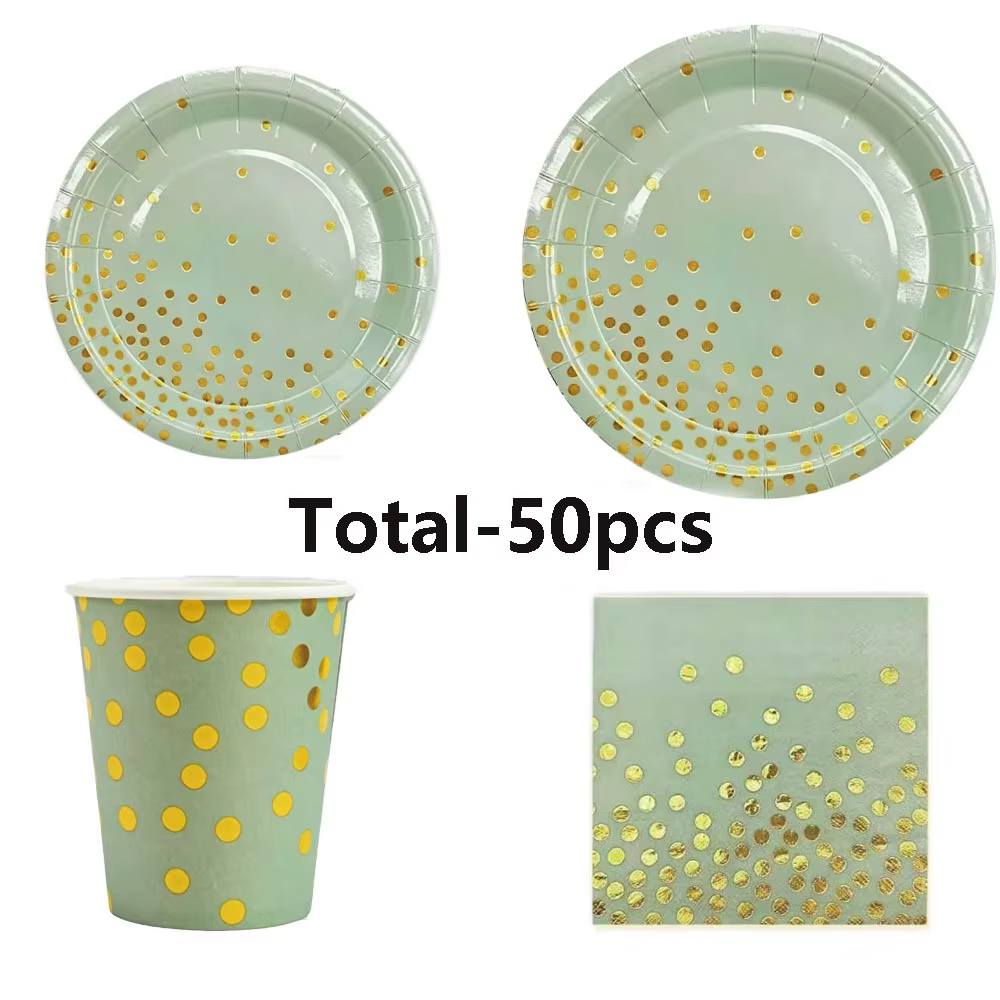Service de vaisselle vert sauge pour fête, comprenant assiettes, gobelets et serviettes, pour annive