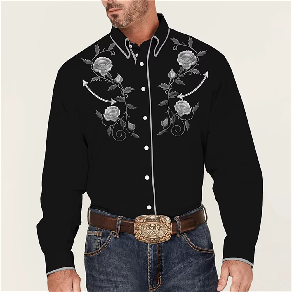 Chemise à manches longues à motif de roses imprimées occidentales, bouton de rue 3D, mode de créateu