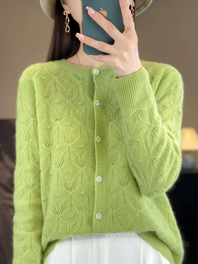 Pull en laine mérinos pour femme, cardigans évidés, tricots à manches longues, cachemire doux, vêtem