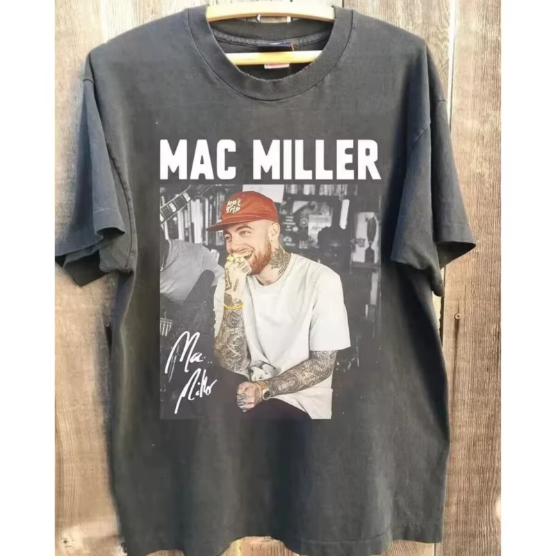 T-shirt neutre imprimé rétro pour homme, style basique Mac Miller années 90, gris anthracite, manche