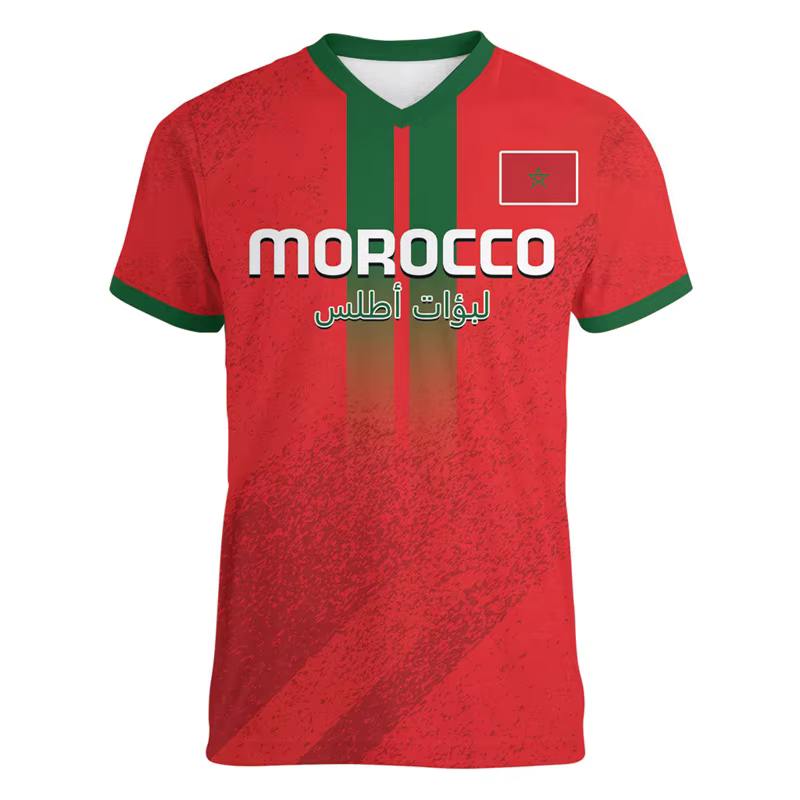 Maroc Football t-shirt pour hommes Cool 3d imprimé marocain sport col en V t-shirts hauts à manches 