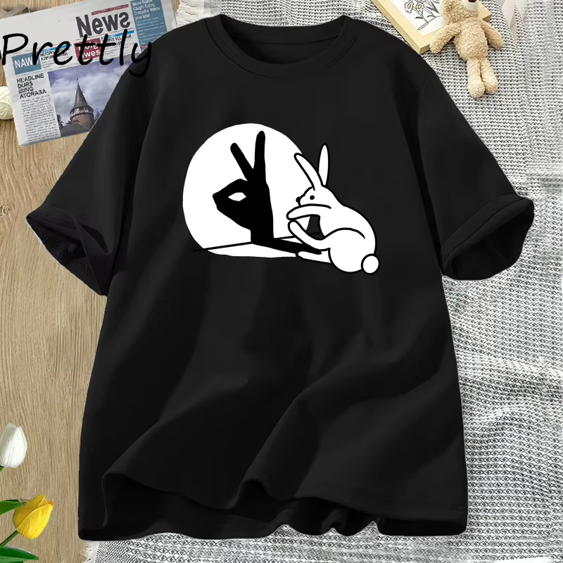 T-Shirt manches courtes pour hommes et femmes, humoristique, lapin, ombre à main, mignon, en coton, 