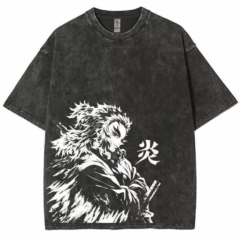 T-shirt graphique Anime Demon Slayer pour hommes et femmes, délavé, à manches courtes, imprimé, styl