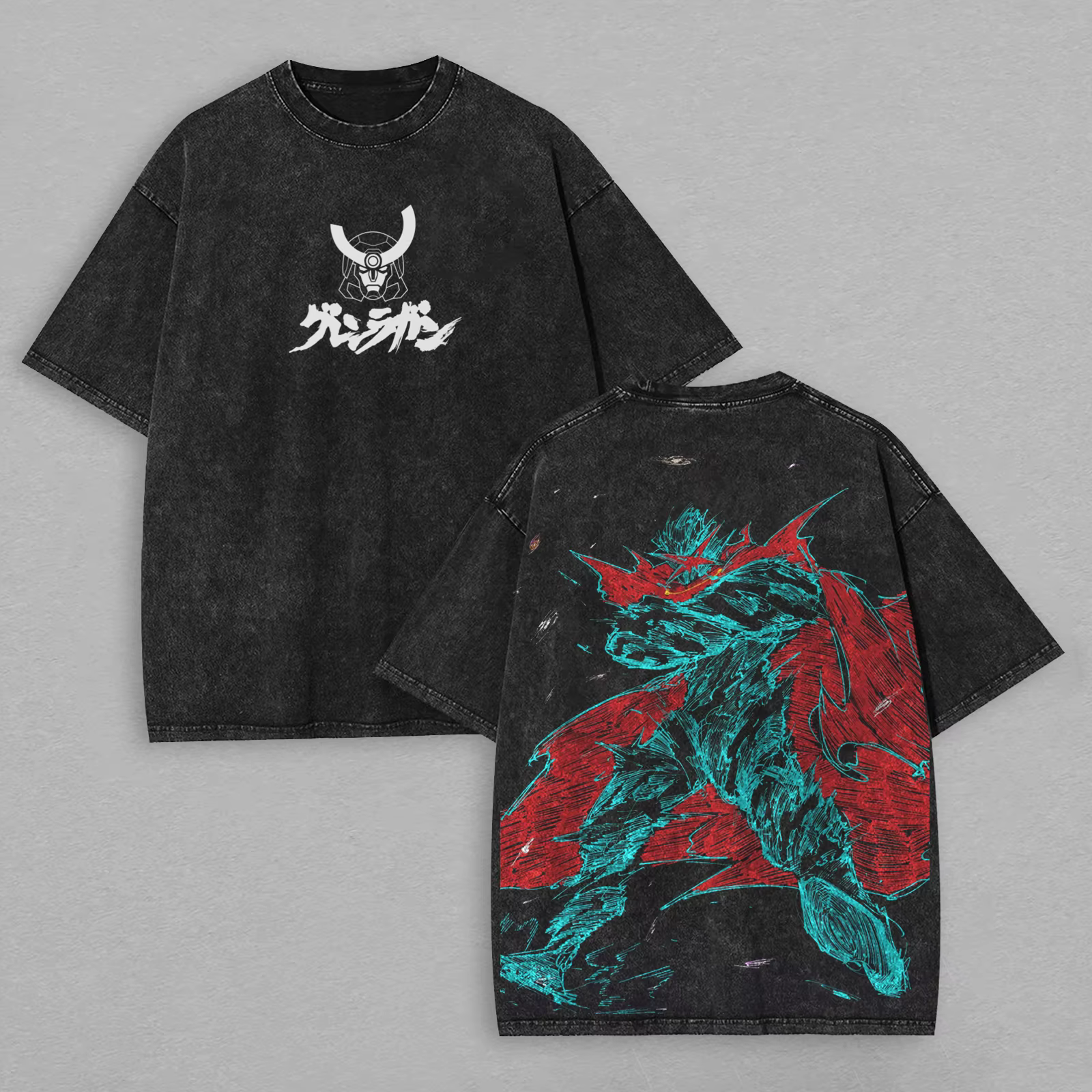 T-shirt noir délavé en coton oversize avec impression artistique anime avant et arrière de Tengen To