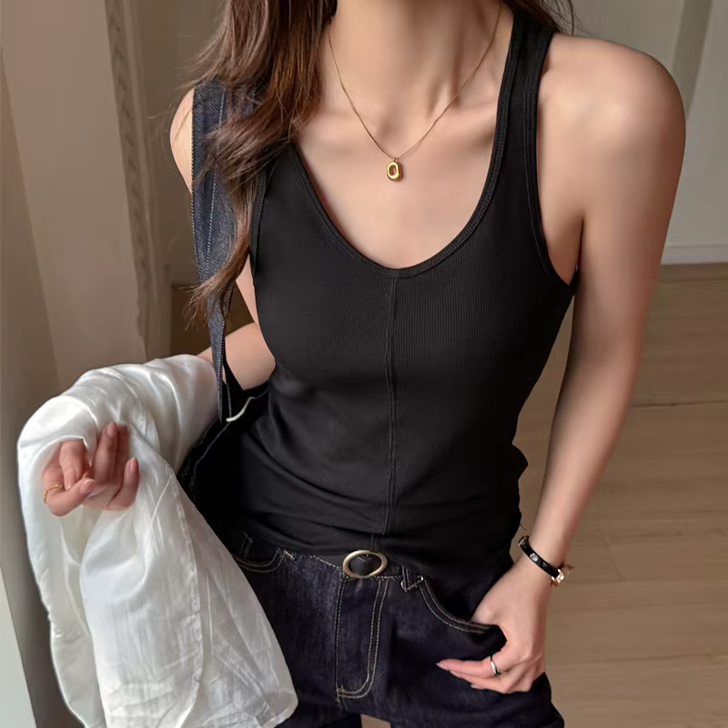 Débardeur Femme Style Old Money Col en V Côtelé en Coton avec Empiècements, Coupe Slim, Sans Manches