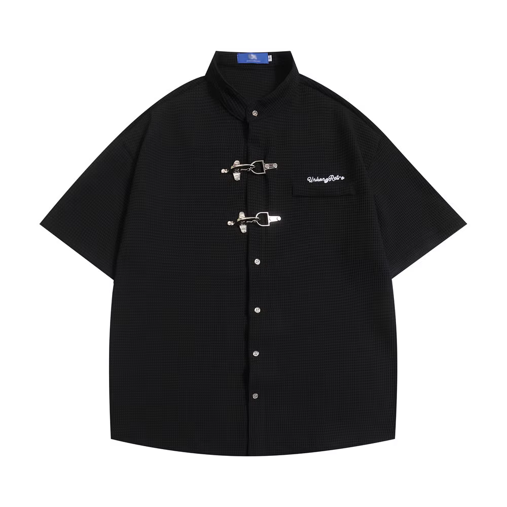 Chemises à manches courtes pour hommes, décoration de boutons, streetwear de documents solides, adt,