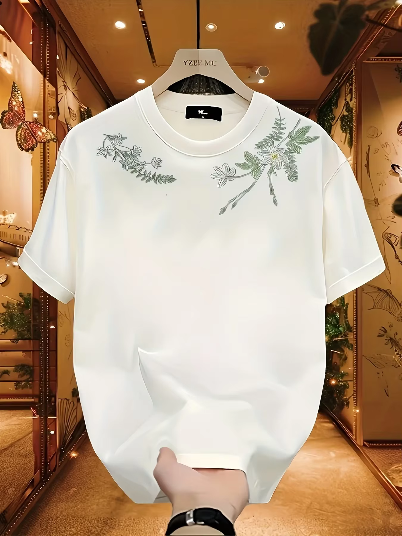 T-shirt pour homme 100% coton avec broderie florale délicate, style décontracté pour tous les jours,