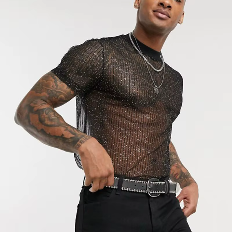 T-shirt en maille à manches courtes pour hommes, coupe cintrée, brillant, Sexy, transparent, fête, b