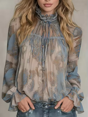 Nouvelle Collection Printemps 2026 : Blouse en Chiffon Imprimé Paisley Rétro avec Col Montant à Vola