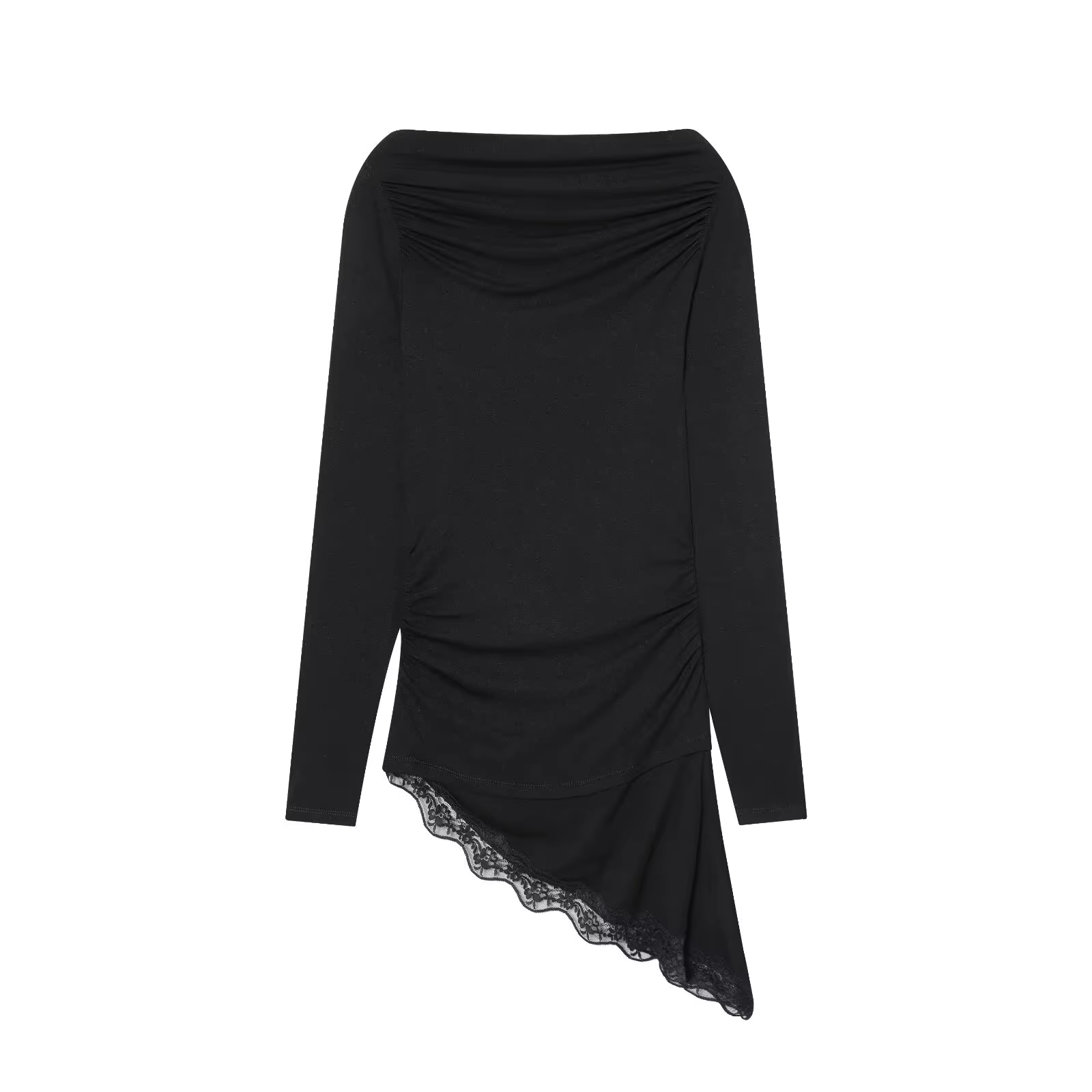 HH femme printemps mode col bateau manches longues ourlet asymétrique plis dentelle décoration T-shi