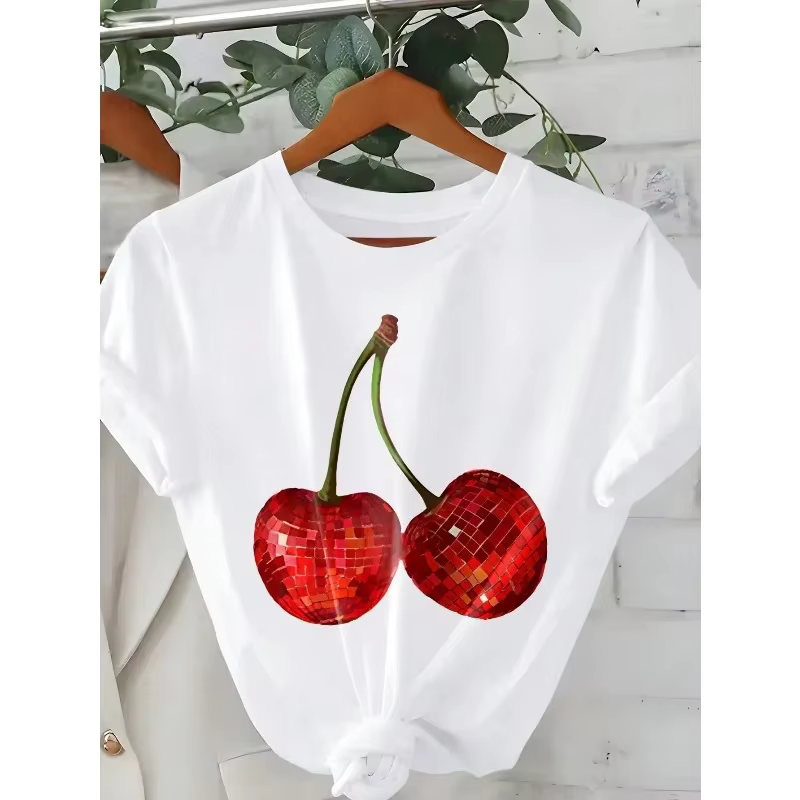 T-shirt à manches courtes imprimé cerise pour femmes, haut décontracté à la mode et à la mode, col r