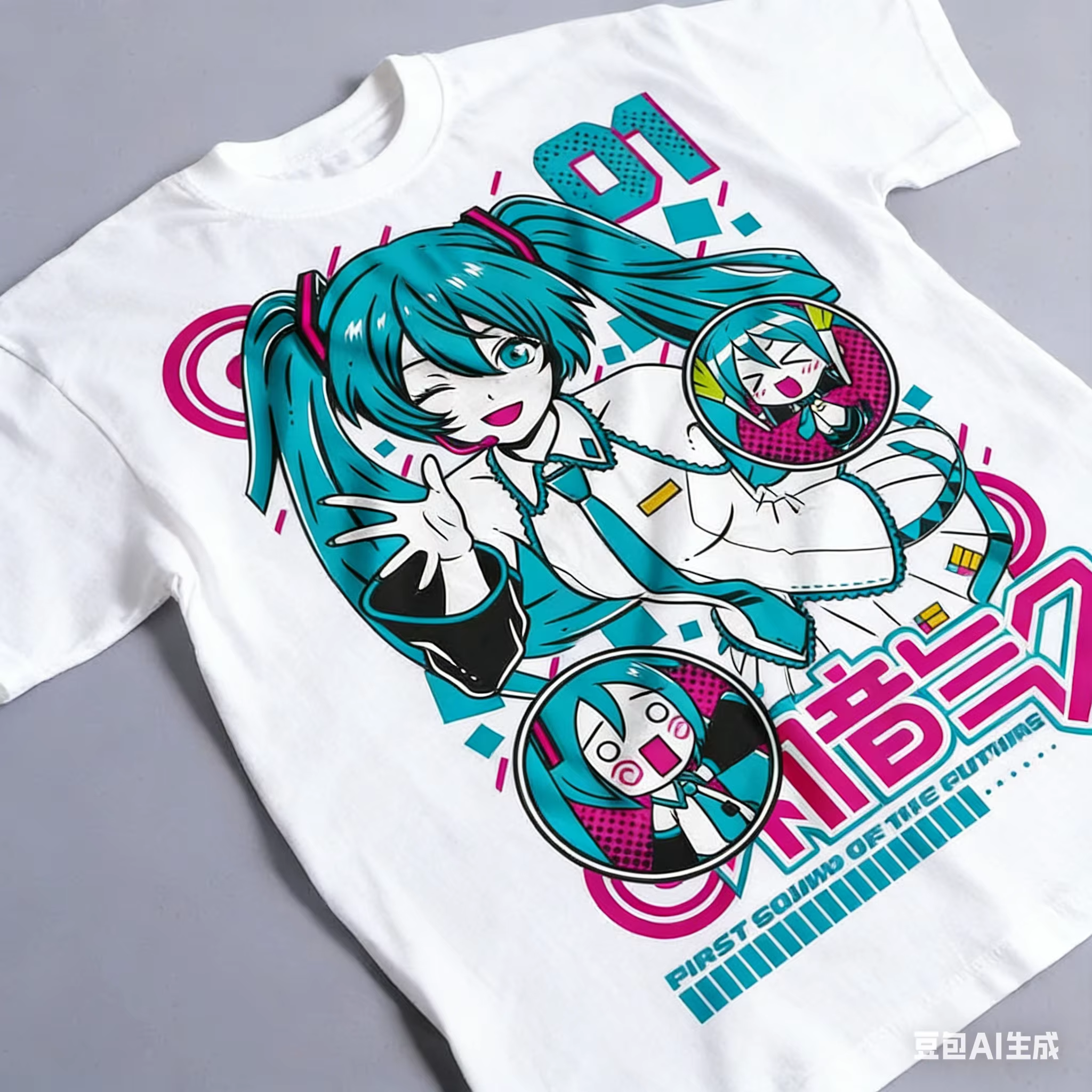 Nouveau style été 2026 # Hatsune Miku # T-shirt en coton ample de style cyberpunk, motif dessin