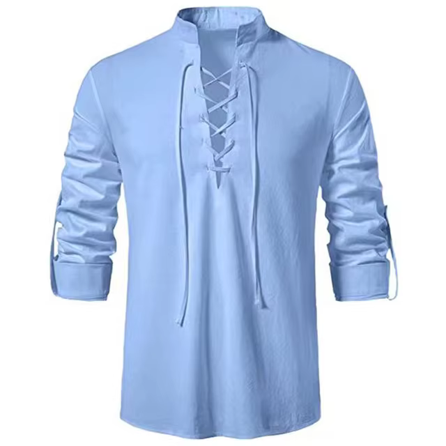 T-shirt à manches longues et col en V pour hommes, haut fin, respirant, à lacets sur le devant, chem