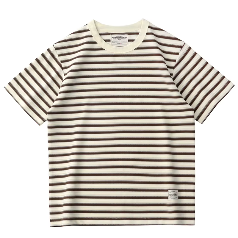 T-shirt rayé à manches courtes pour homme, rétro américain, décontracté, contrasté, marron, noir et 