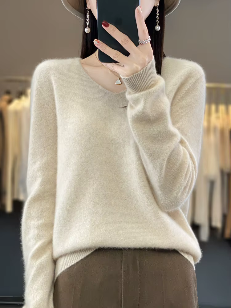 Pull en laine mérinos pour femme, col en v, manches longues, pull basique, tricot en cachemire, vête