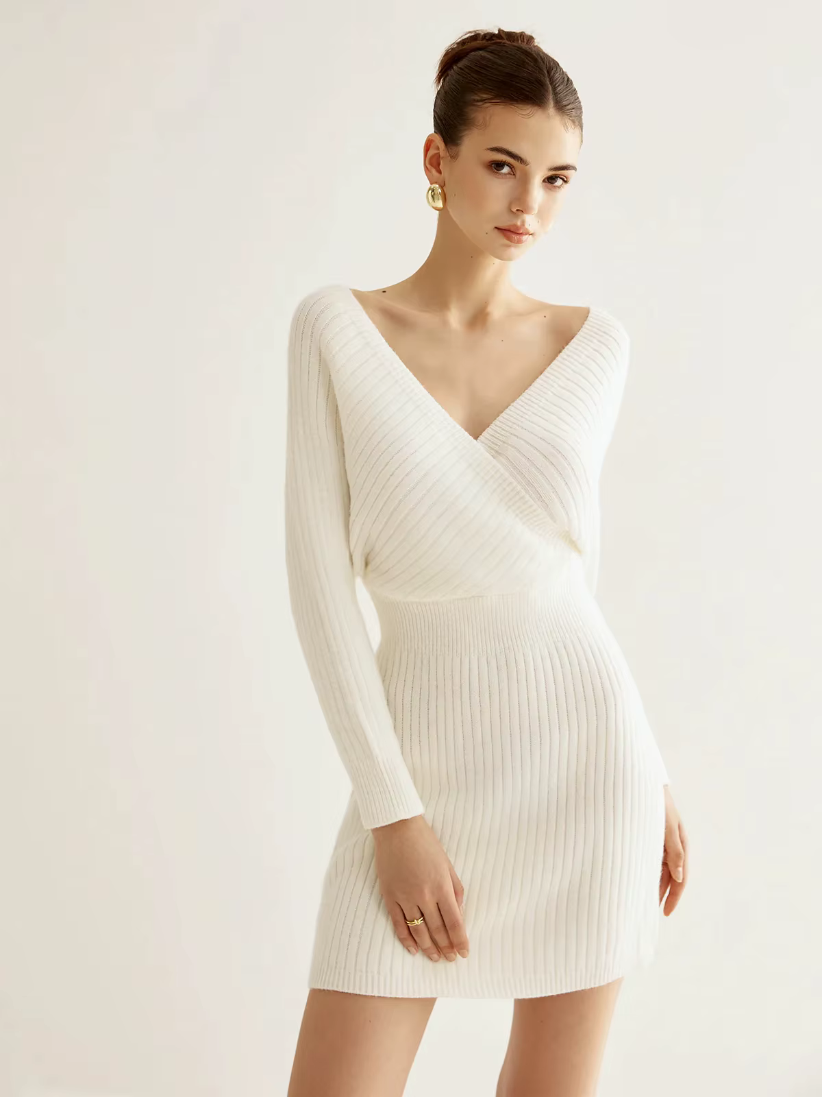 Robe tricotée enveloppée dans les hanches pour femmes, vêtements à la mode, col en v croisé, groupe 