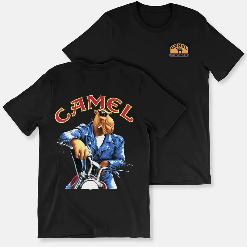T-shirt rétro en coton vintage avec motif Camel Cigarettes, manches courtes, décontracté, streetwear