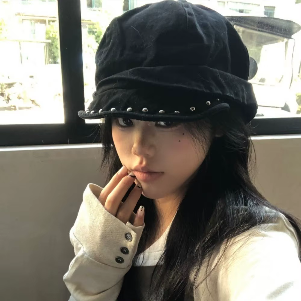 Nouveau Béret Gothique Clouté Noir Uni avec Rivets – Casquette Hip Hop Réglable à Calotte Plate pour