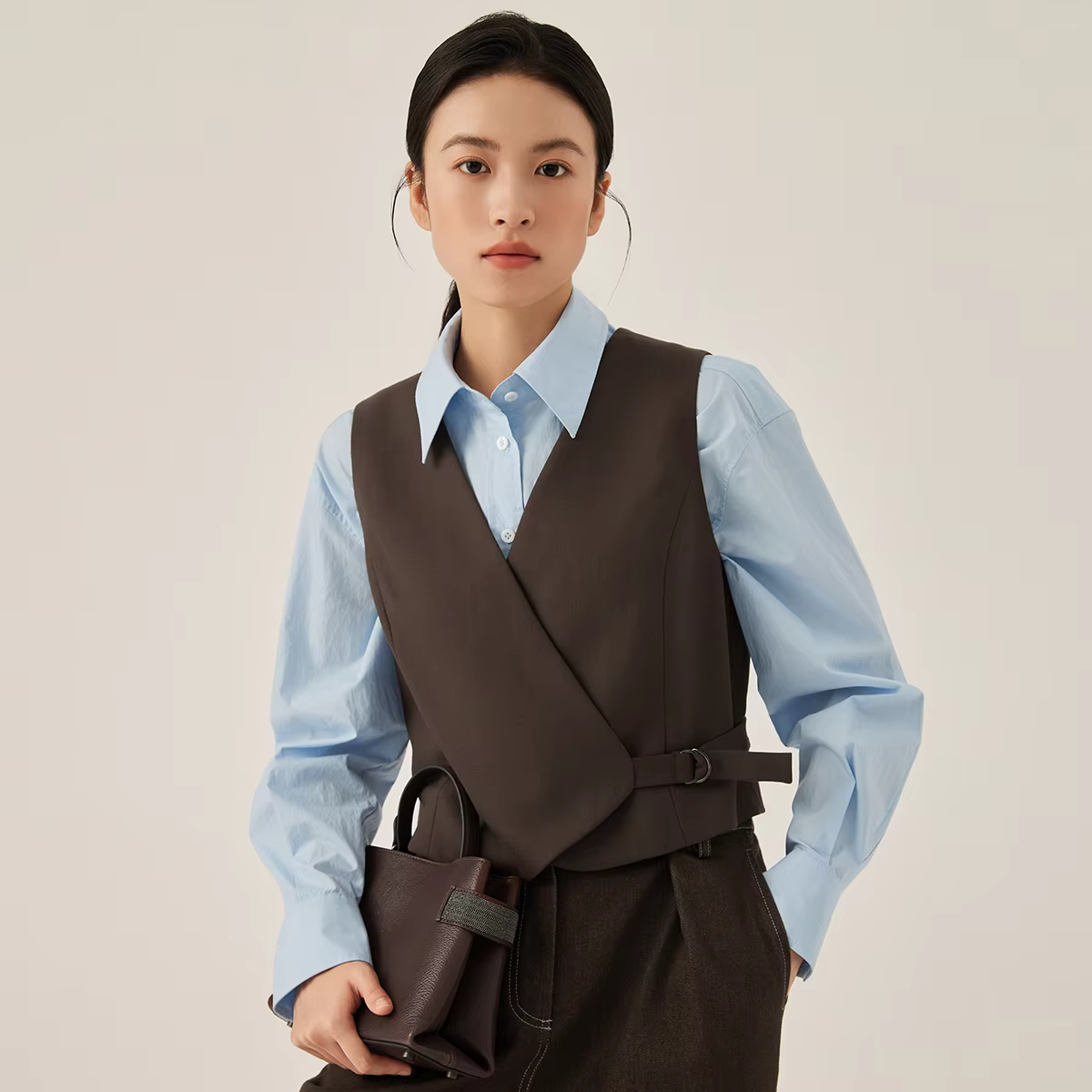 KL7523326 Blazer d'affaires pour femmes, gilet sans manches en mélange de laine avec ceinture, mode 