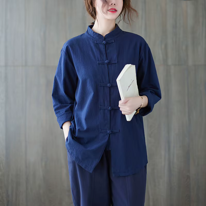 Chemise en coton et lin de style chinois pour femmes, cardigan à manches longues, haut de printemps,