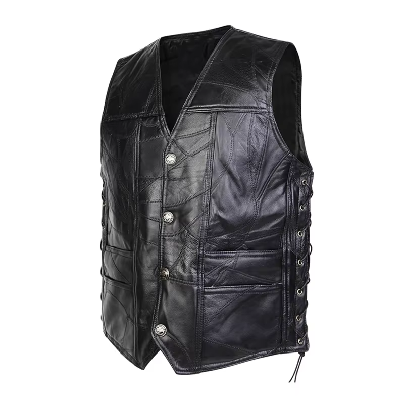 Gilet de motard en similicuir noir réglable avec lacets latéraux pour homme, gilet sans manches en s