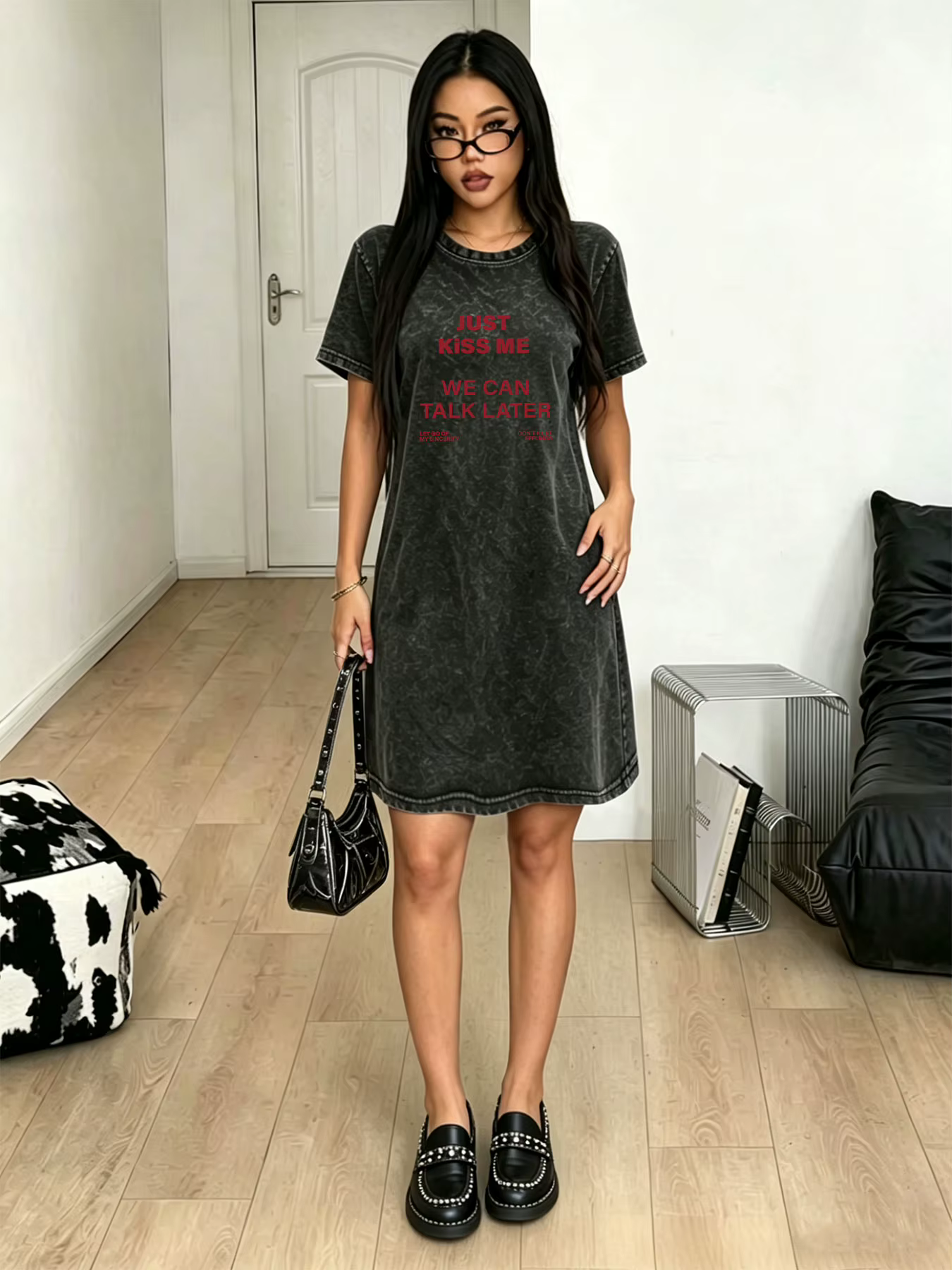 Robe T-shirt vintage délavée et vieillie pour femme, robe de marque streetwear tendance avec imprimé