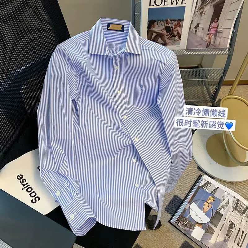 Chemise rayée à col polo pour femme, chemise boutonnée, manches longues, chemisier All-Match High St