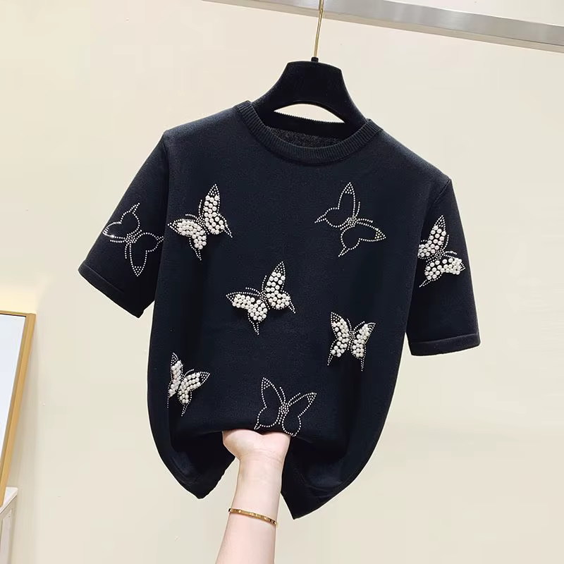 T-shirt évasé brodé avec nœud papillon pour femme, haut en tricot à manches courtes, pulls à col ron