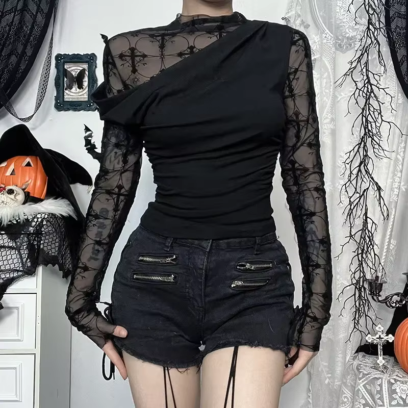 T-shirt à col rond imprimé flocage chic foncé vintage pour femmes, nouveau, élégant, maille, patchwo