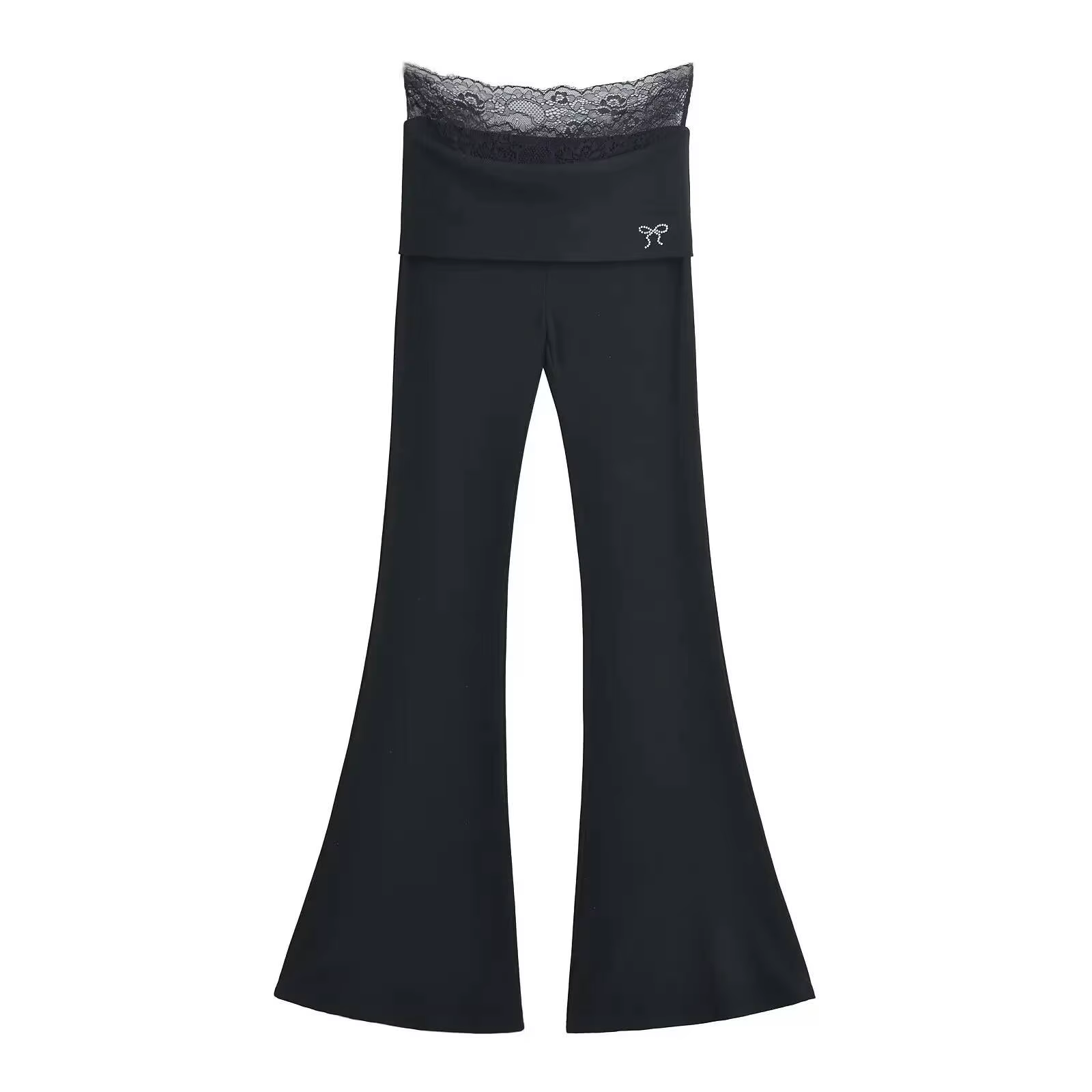 Pantalon long slim taille haute à bord roulé pour femme, style doux et cool, patchwork de dentelle, 