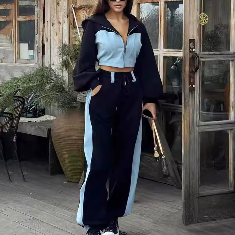 Sweat à capuche Patchwork Denim 2 pièces ensembles femmes tenue mince sweats à capuche haut court ja