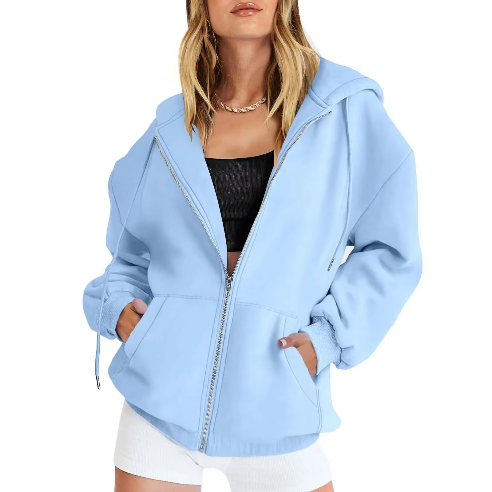 Mode gris sweat zippé femmes automne hiver veste vêtements à capuche poches quotidiennes à manches l