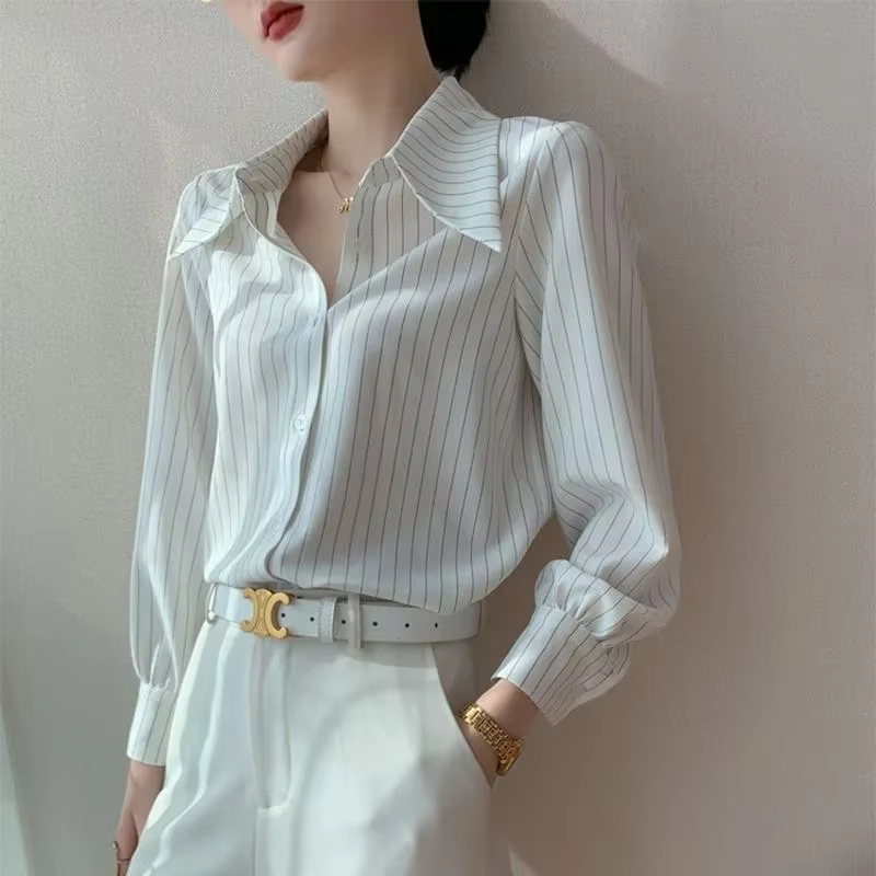 Chemise à manches longues à rayures blanches pour femmes, chemisiers de bureau pour dames, style vie