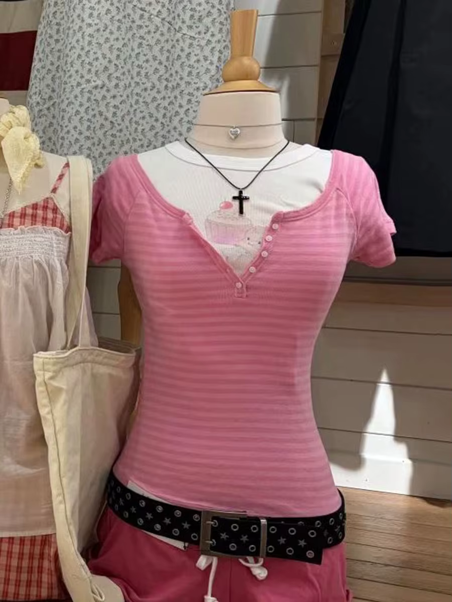 Nouveaux T-shirts slim rayés bleus pour femme, cinq boutons, col rond, manches raglan, hauts décontr