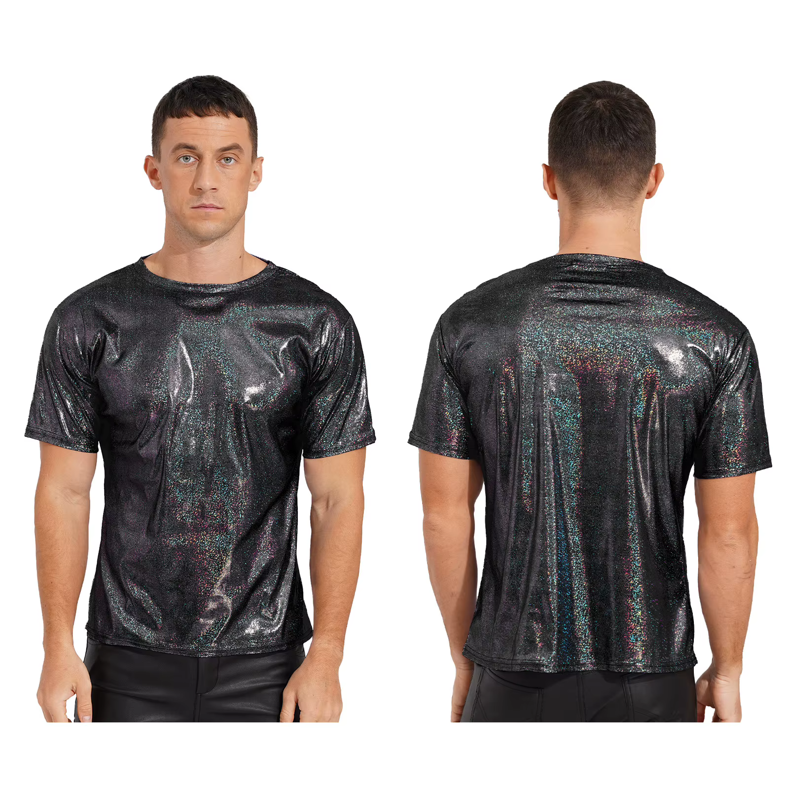 T-shirt métallique brillant pour hommes, vêtements masculins, col rond, couleur unie brillante, manc