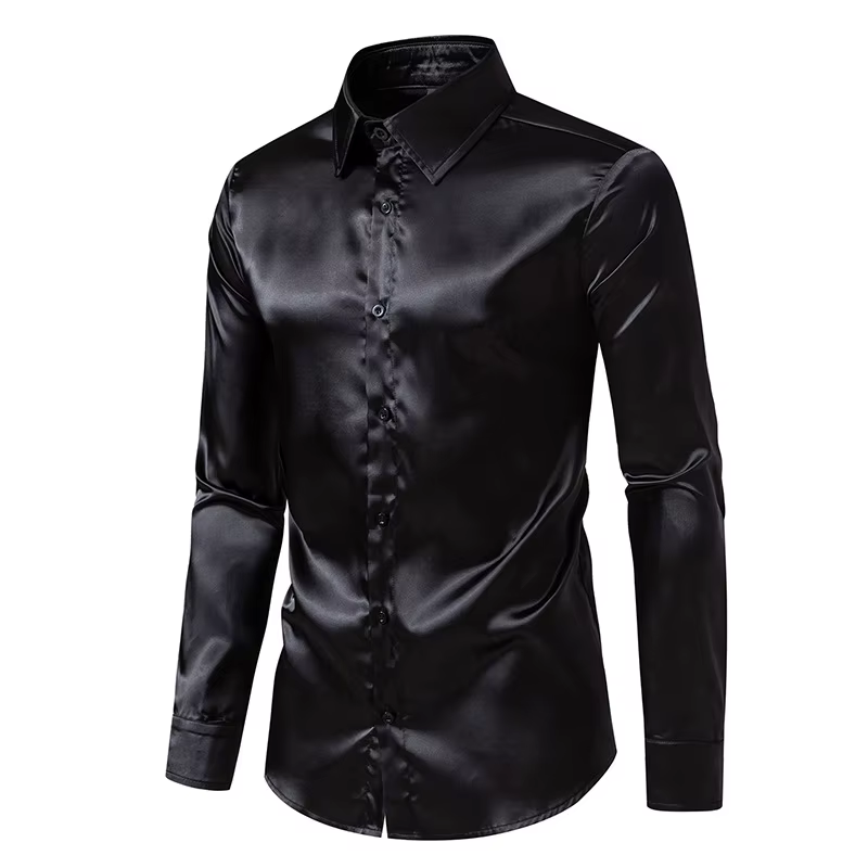 Chemise en satin à manches longues pour hommes, chemise habillée décontractée, bleu, orange, rouge, 