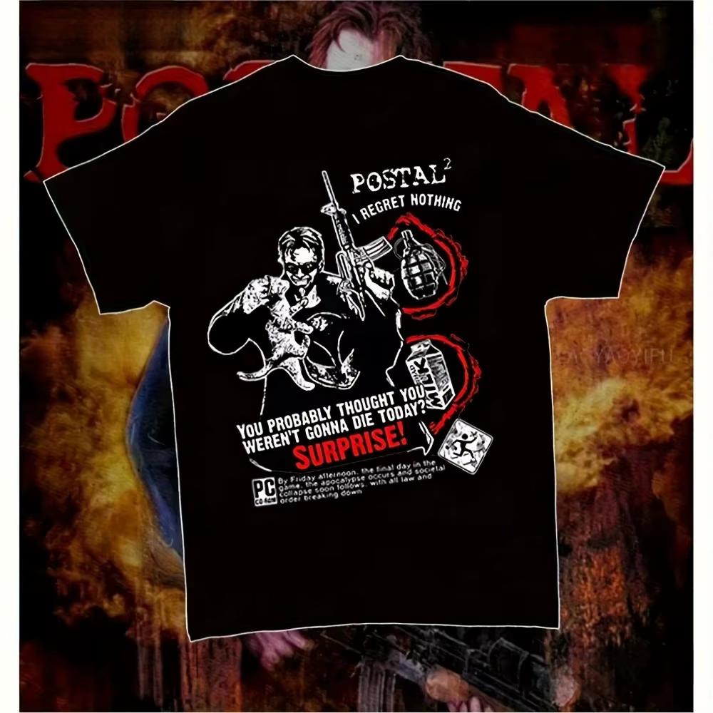 T-shirt humoristique à motif graphique Postal Dude, coupe oversize, noir, thème jeux vidéo, avec arm
