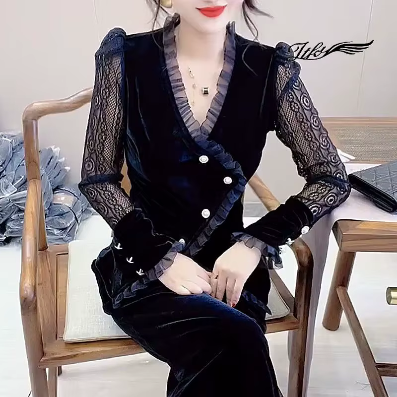 Chemisier en velours patchwork de dentelle sexy pour femmes, chemise mince à col en V, simple bouton